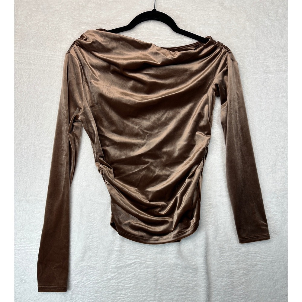 Abercrombie & Fitch Ruched Velvet Cowl Neck Top Womens XS Brown Long Sleeve